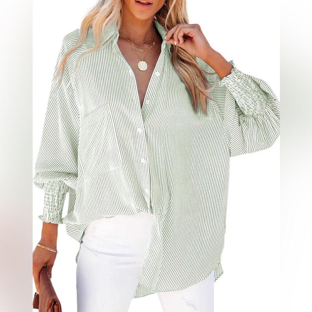 Striped Green Boyfriend Shirt Size S NWT